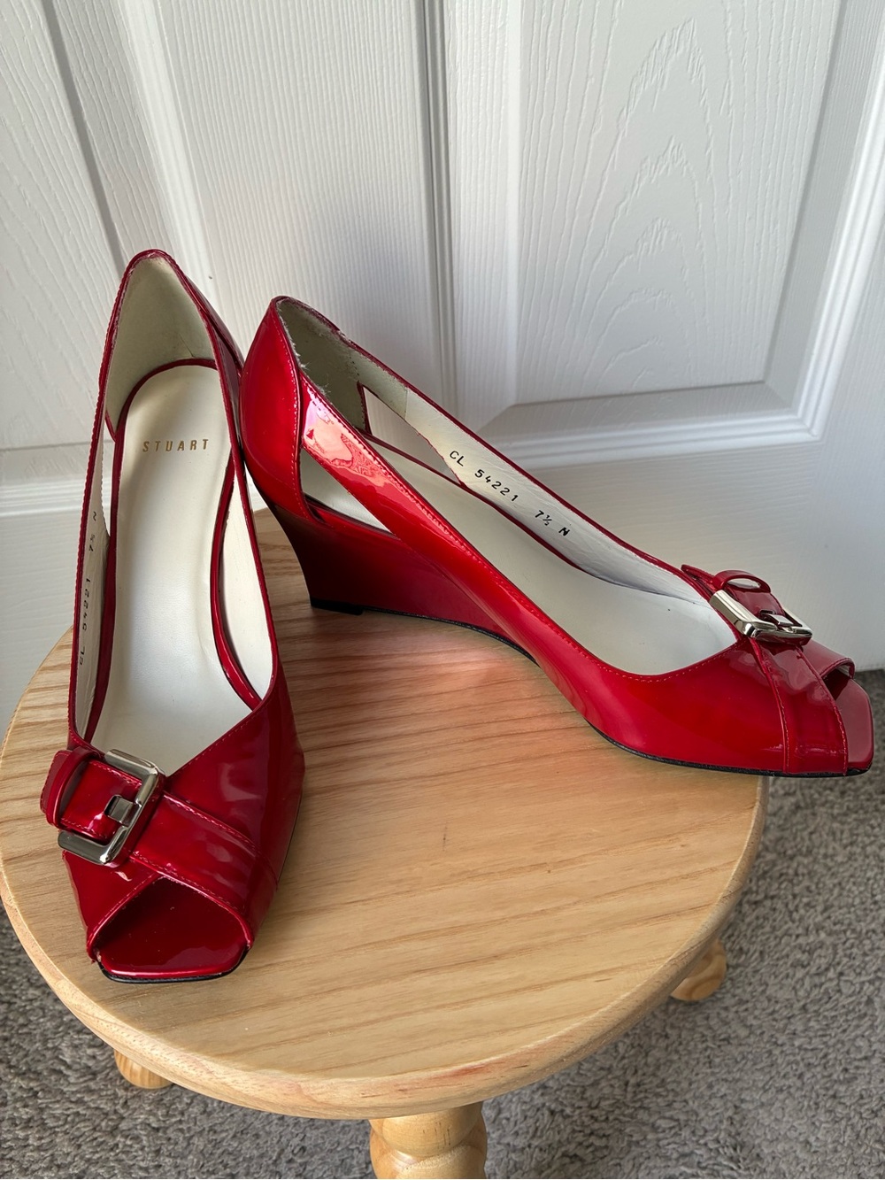 Stuart Weitzman Red Patent Peep-Toe Wedge Heels with Buckle 7.5 Narrow